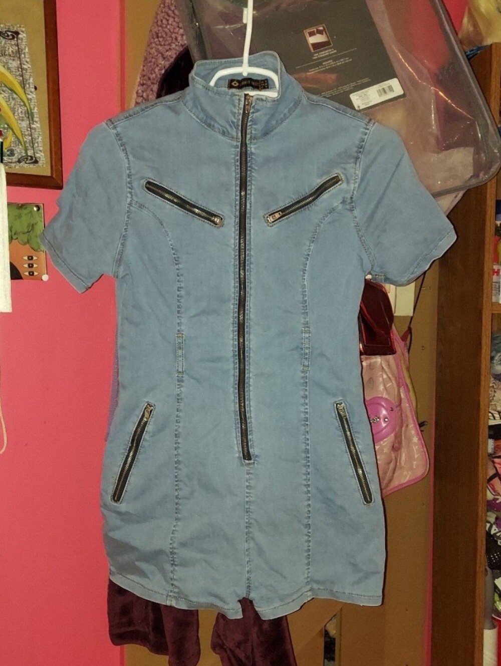 Mock neck denim short sleeve zip up romper